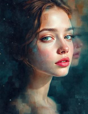The primary subject of the image is a woman with red lips, who is looking at the camera. She is wearing makeup and has a pink lipstick on her lips. The setting is a room with a mirror, and the visual style is a digital art or illustration. The colors in the image are predominantly red and pink, creating a warm and inviting atmosphere.